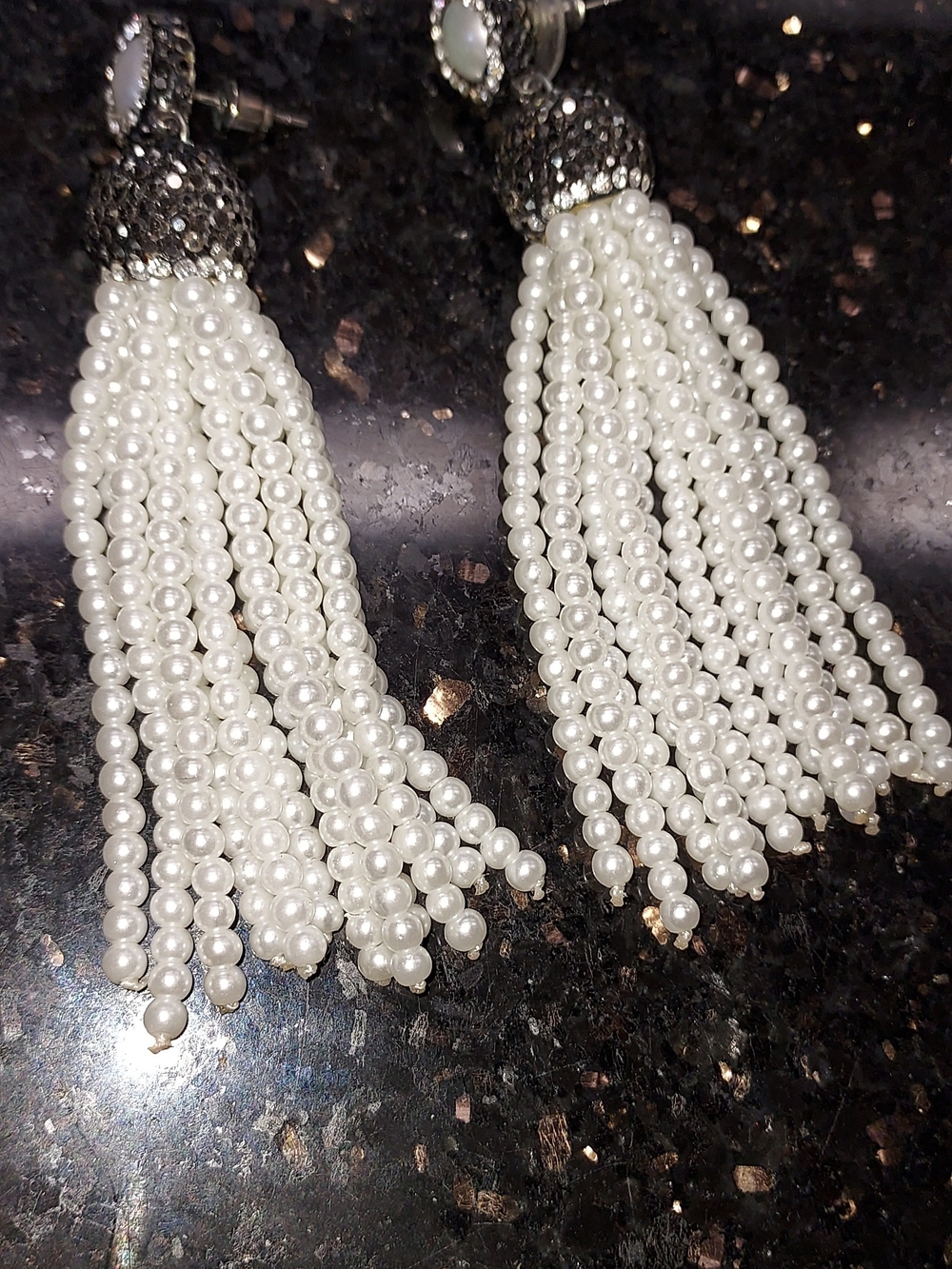 Pearl Beaded Tassel Earrings - White